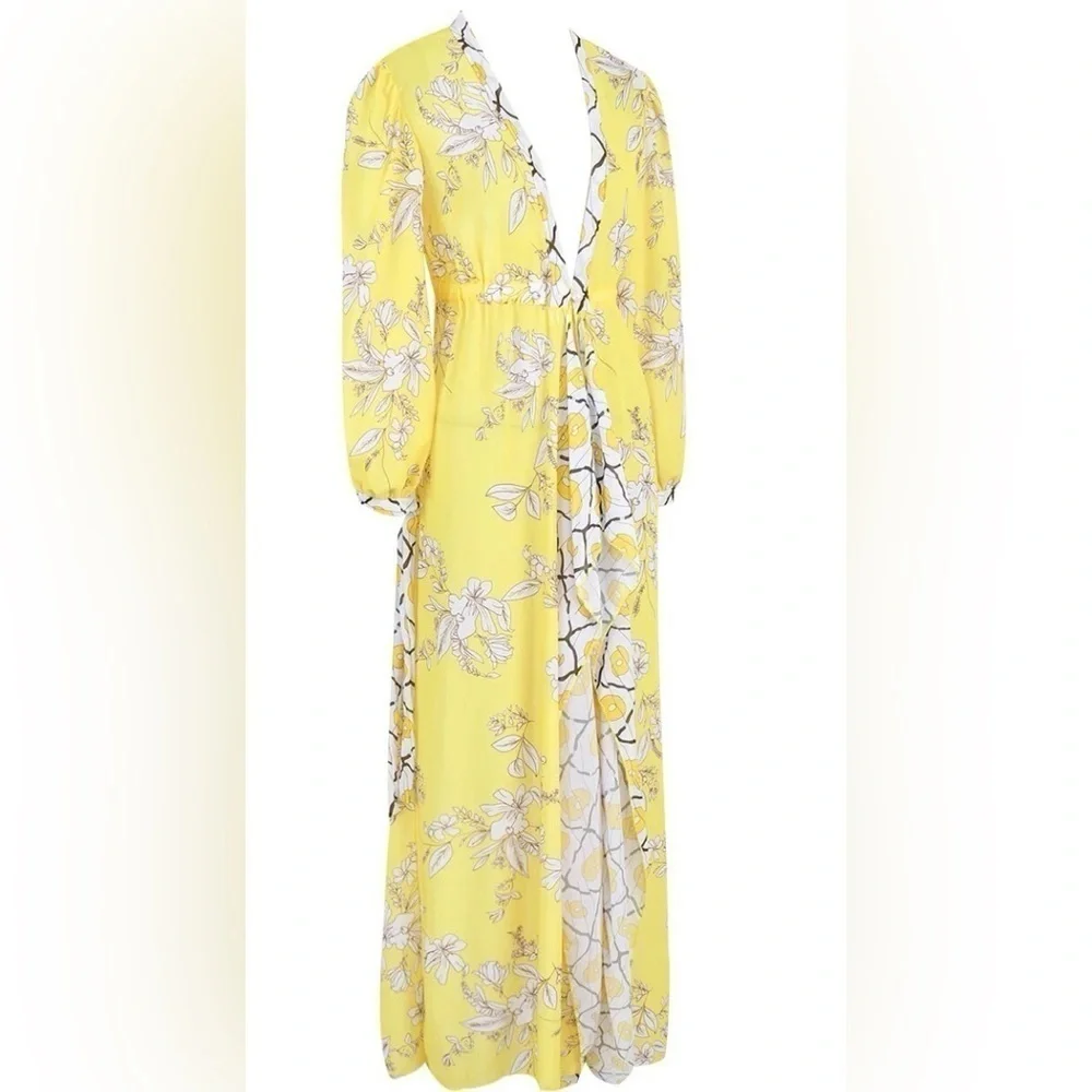 Elegant Bohemian Floral Tropical Print Long Sleeve Maxi Swimsuit Coverup Kimono - Picture 11 of 13